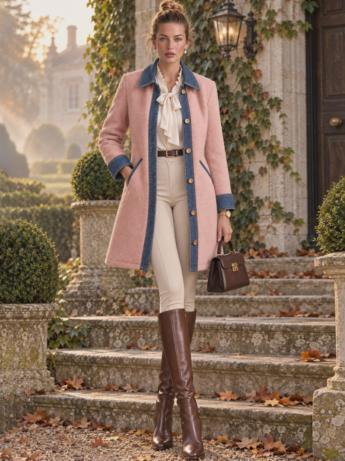 Casual Retro Pink Fleece Denim Patchwork Mid-length Coat