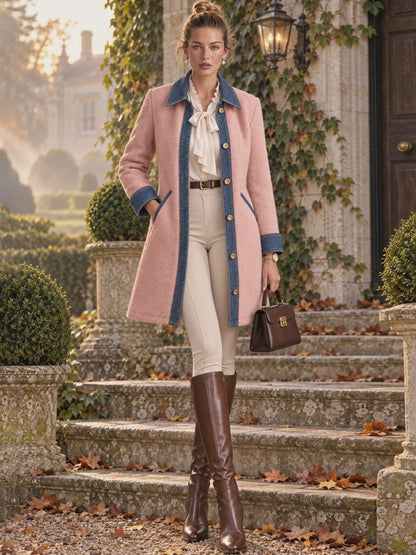 Casual Retro Pink Fleece Denim Patchwork Mid-length Coat