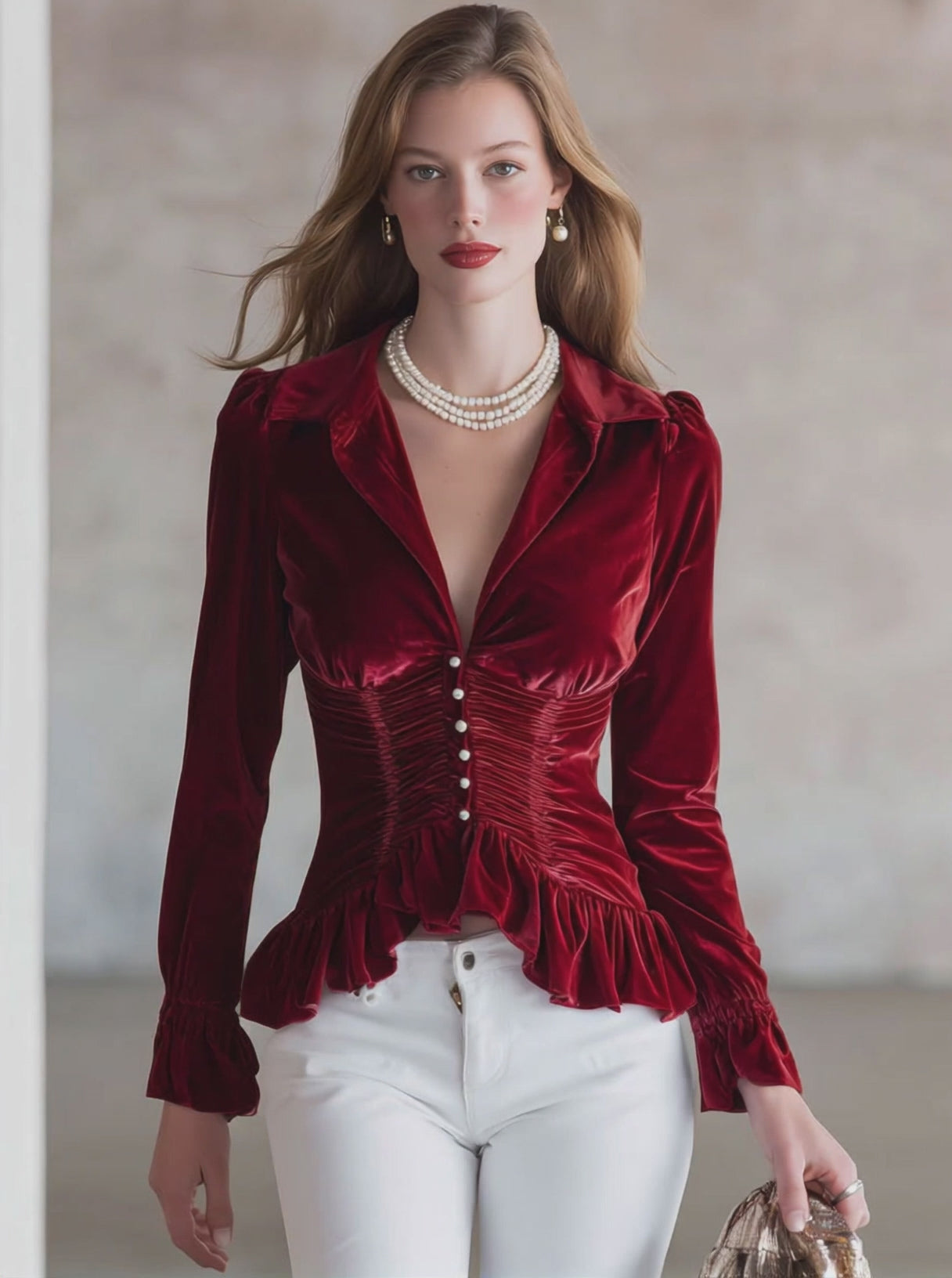 Fashionable Retro Red Velvet Pleated Ruffled Long-sleeved Shirt
