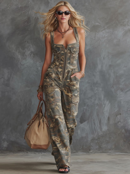 Western Retro Military Green Camouflage Denim Sleeveless Jumpsuit
