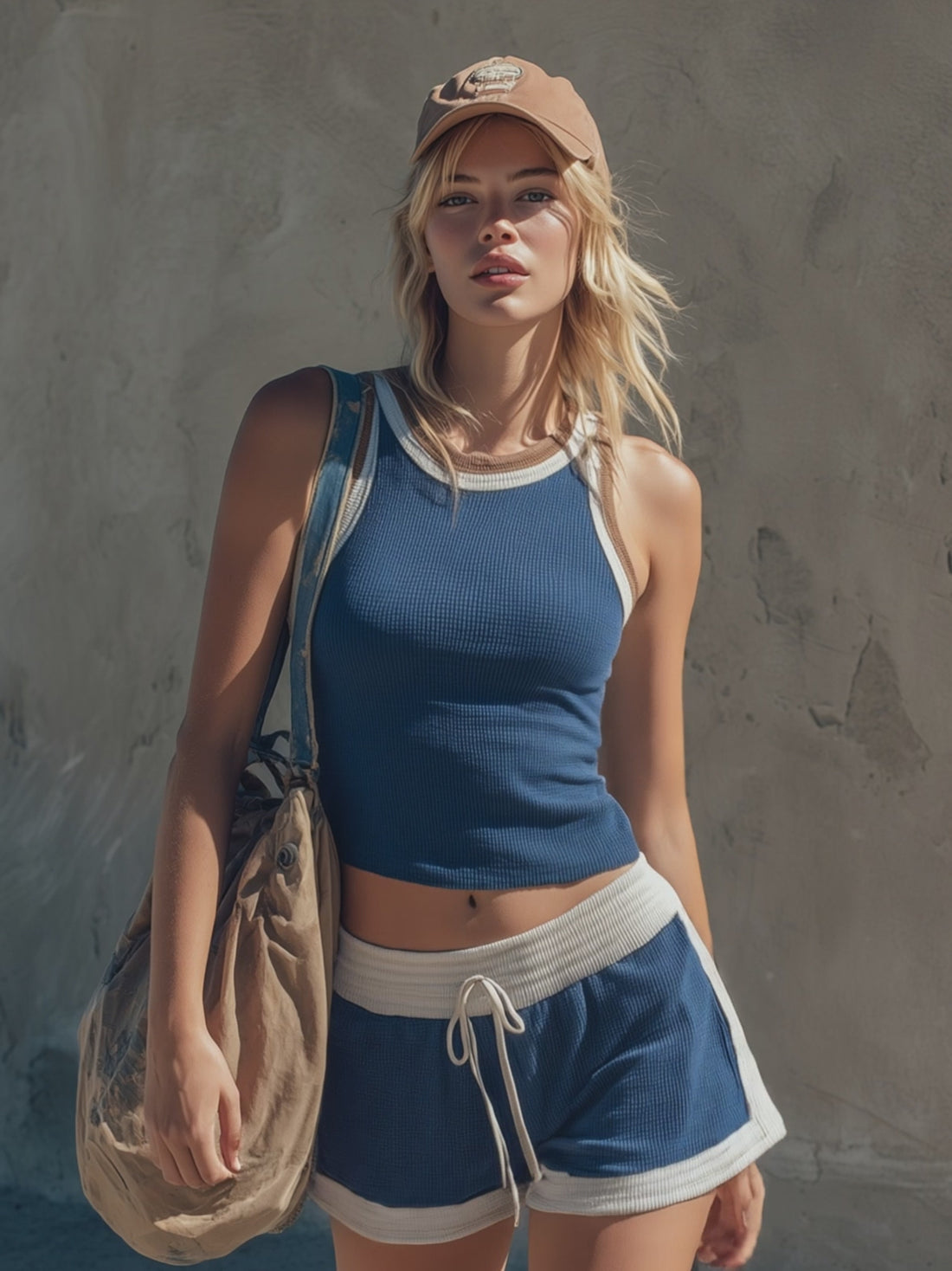 Retro-style Color-block Trim Blue Knit Tank Top And Shorts Set