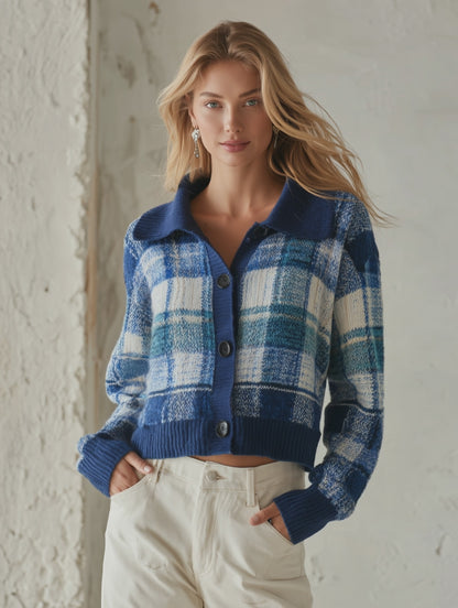 Retro-chic Blue Plaid Collared Knit Cardigan