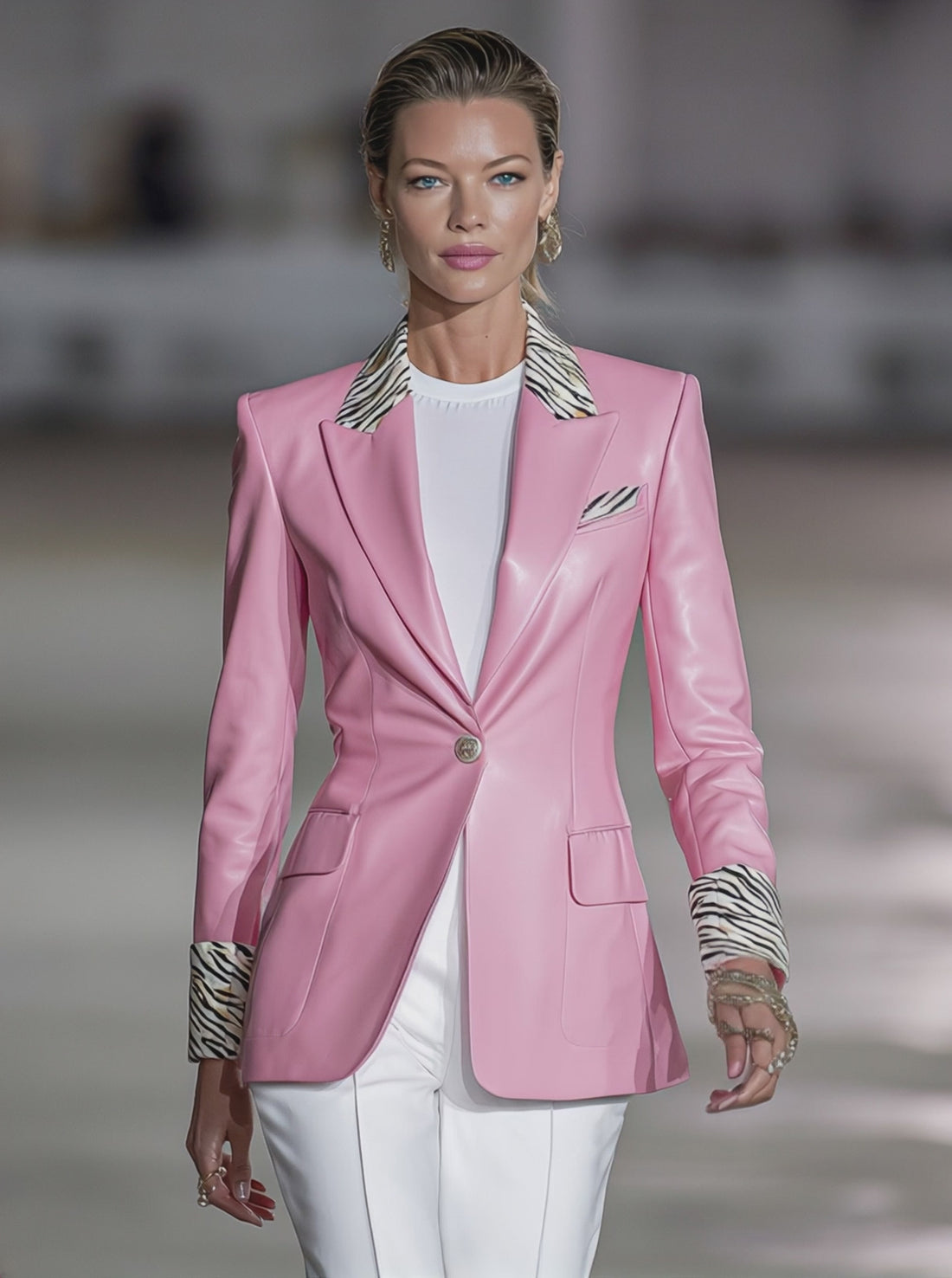 Elegant Pink Faux Leather Patchwork Zebra Print Button