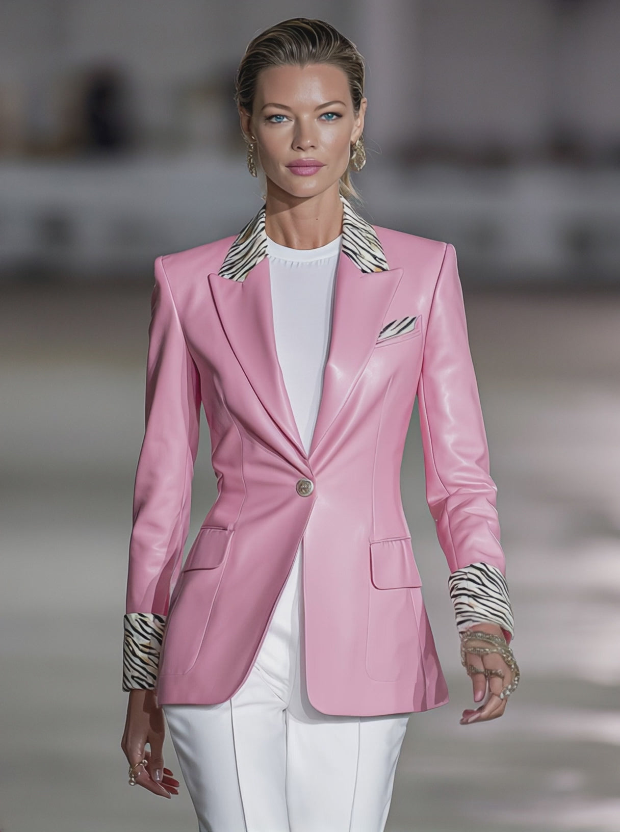 Elegant Pink Faux Leather Patchwork Zebra Print Button