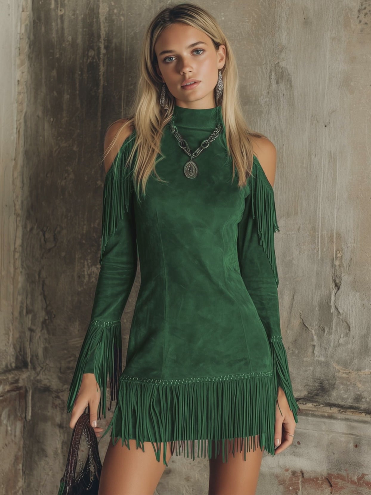 Semi-high Neck Off-the-shoulder Fringed Faux Suede Long-sleeved Mini Dress