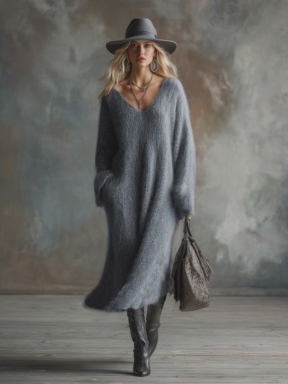 Comfortable Lazy V-neck Gray Imitation Rabbit Fur Knitted Long-sleeved Maxi Dress