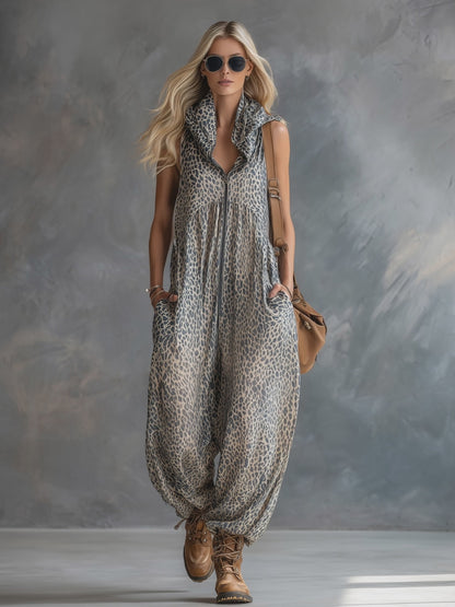 Stylish Urban Apricot-colored Leopard Print Hooded Chiffon Jumpsuit