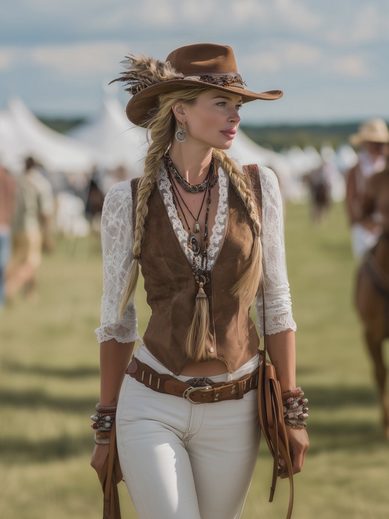 Romantic Western Style Lace Sleeves Brown Suede Shirt