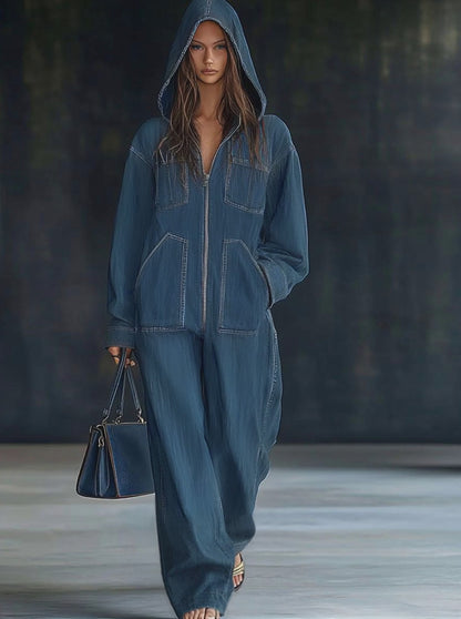 Casual Loose Retro Pocket Long Sleeve Hooded Zipper Denim Jumpsuit