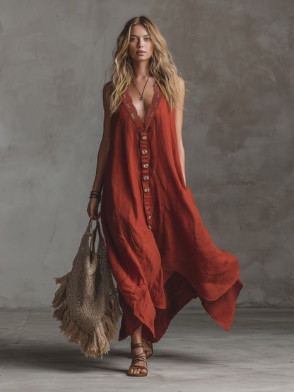 Vintage And Charming Red Cotton And Linen Sleeveless Maxi Dress