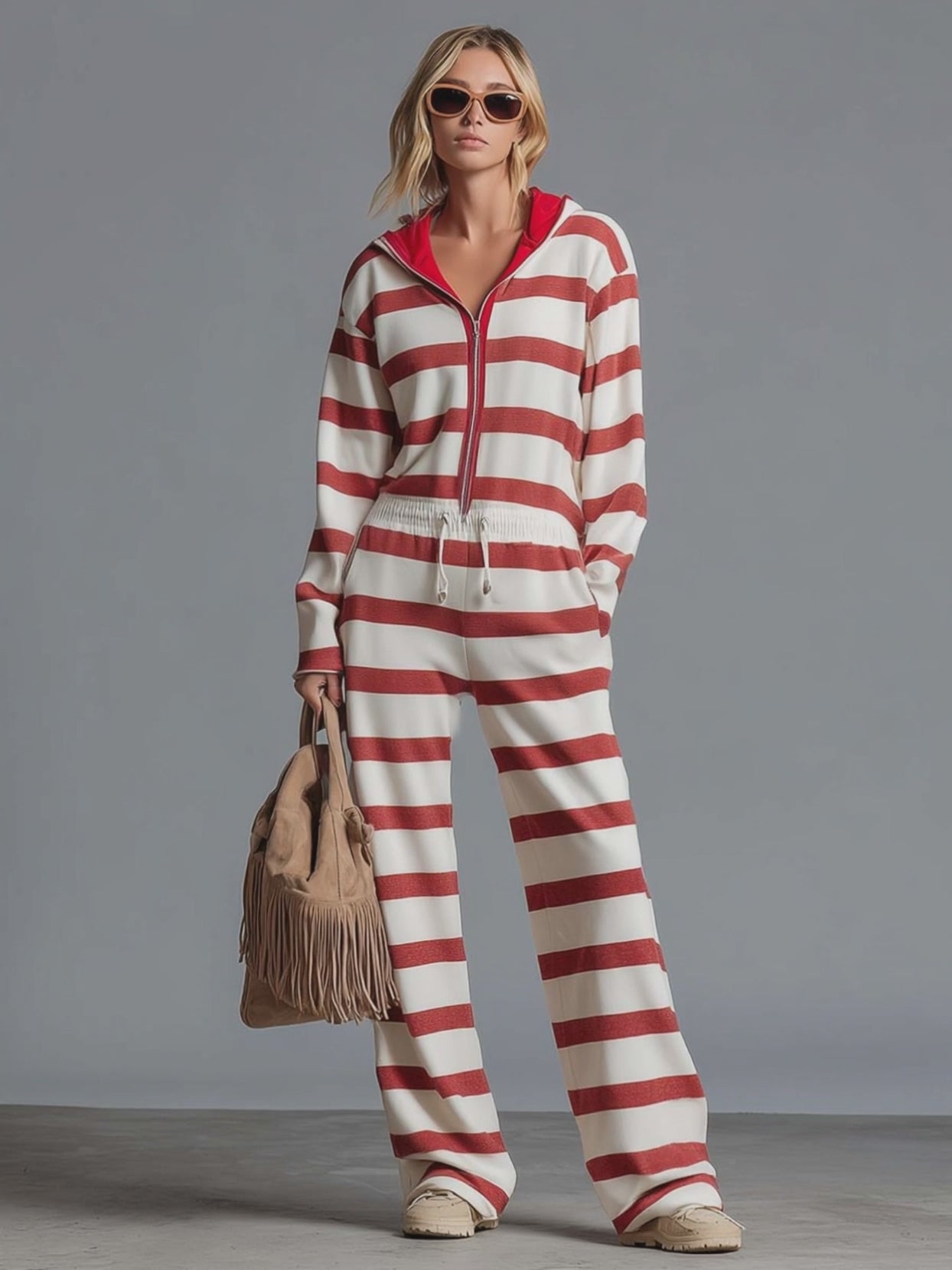 Retro Sporty Red Striped Hooded Half-Zip Wide-Leg Jumpsuit