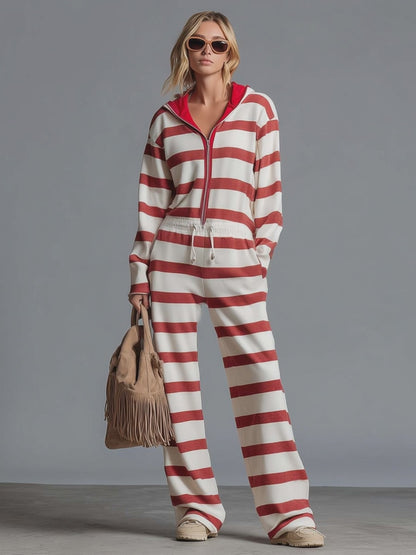 Retro Sporty Red Striped Hooded Half-Zip Wide-Leg Jumpsuit