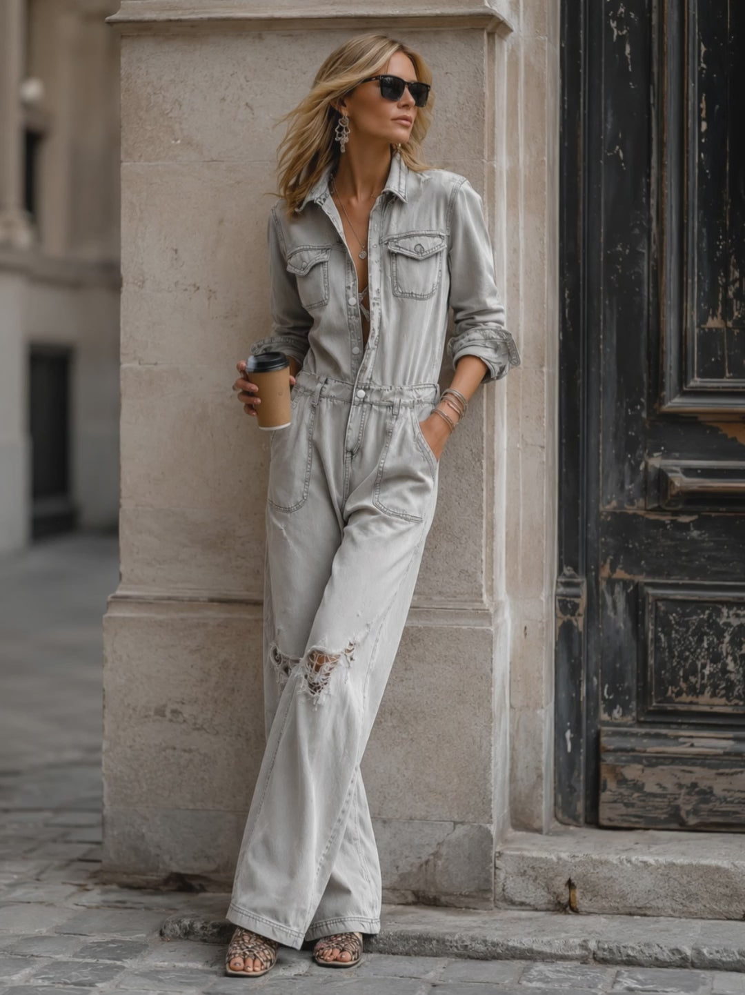 Chic And Casual Light Grey Distressed Ripped Denim Jumpsuit