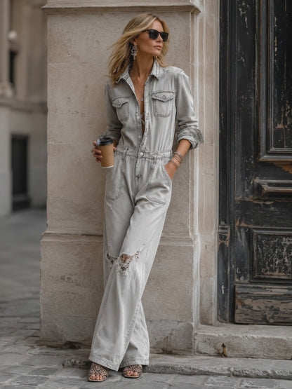 Chic And Casual Light Grey Distressed Ripped Denim Jumpsuit