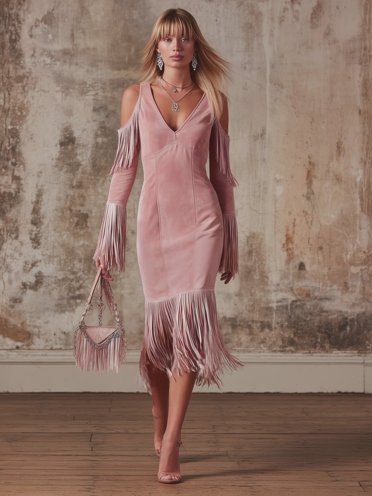V-neck Off-the-shoulder Fringed Faux Suede Long-sleeved Midi Dress