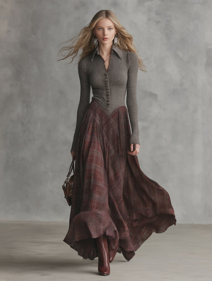 Retro Ribbed Knit Bodice Plaid Collared Maxi Dress