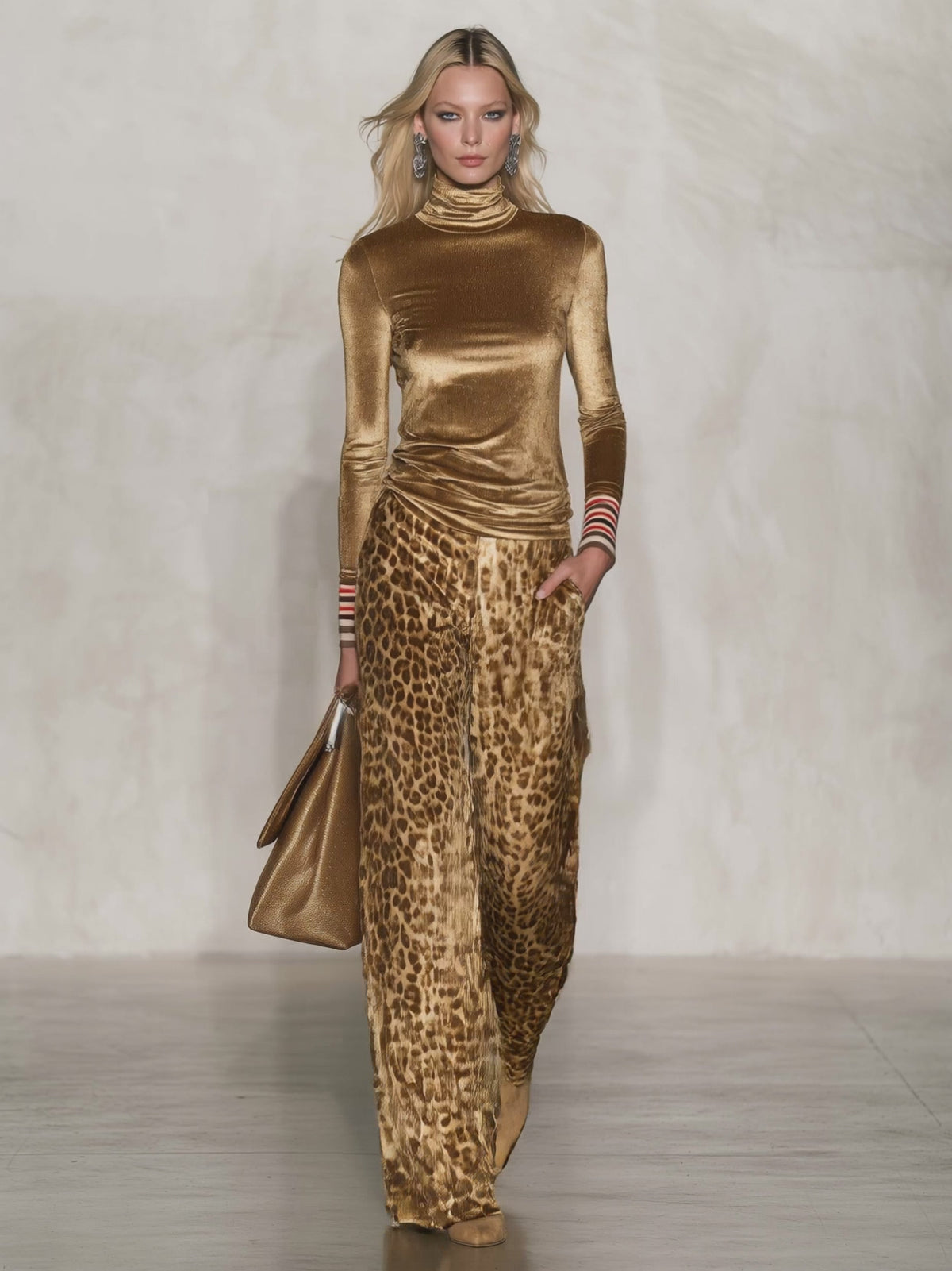 Vintage Glam Gold Velvet Turtleneck Top And Leopard-Print Wide-Leg Pants Set
