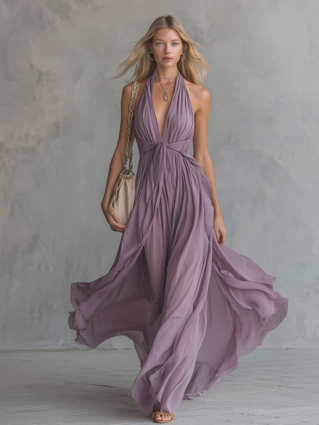 Elegant And Stylish Halter Neck V-neck Sleeveless Chiffon Maxi Dress