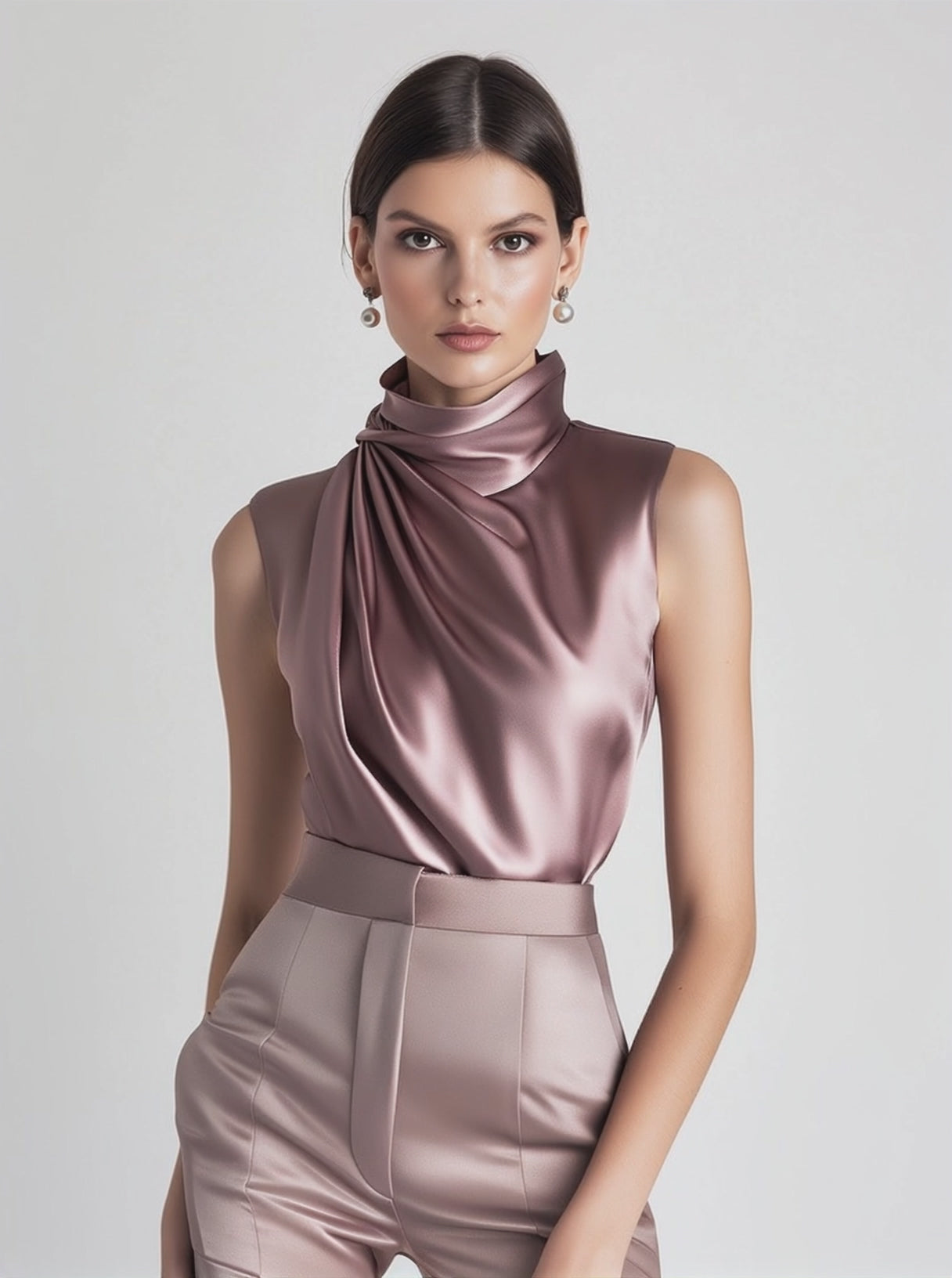 Elegant Satin Pleated Sleeveless Sleeve Shirt