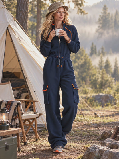 Retro Sporty Color-blocked Blue Cotton Jumpsuit