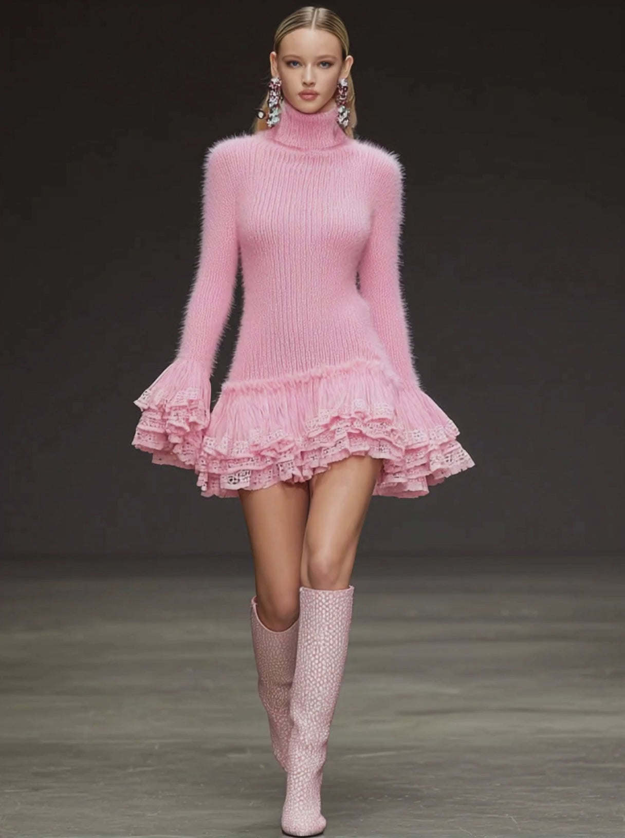Fashionable Retro Lace Ruffle High Neck Long-haired Pink Knit Mini Dress