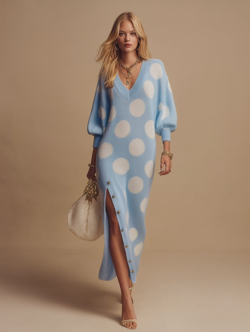 Lazy elegant Polka Dot V-Neck Side Slit Knit Maxi Dress