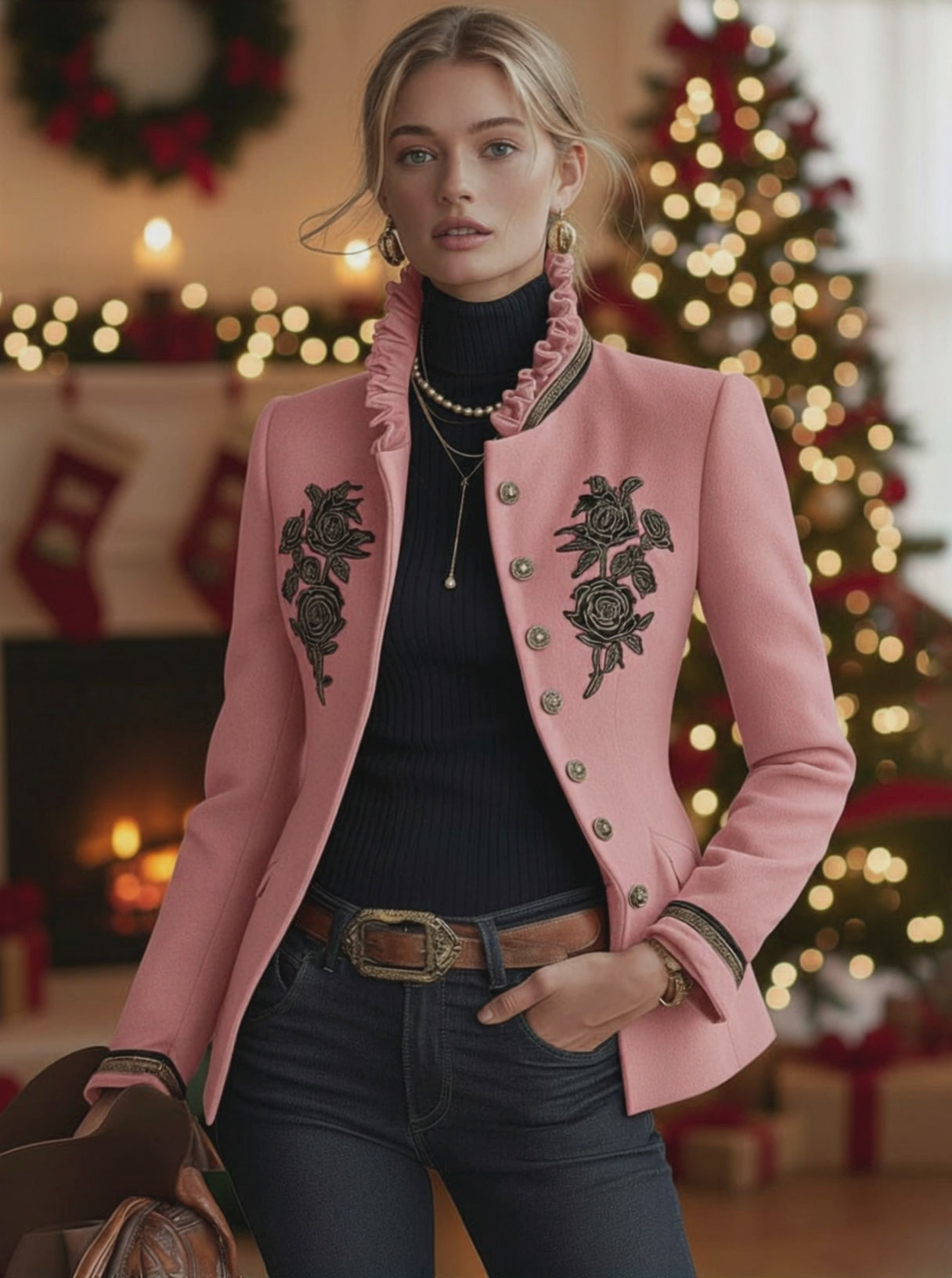 Ruffled Stand-up Collar Single-breasted Rose Embroidered Woolen Jacket