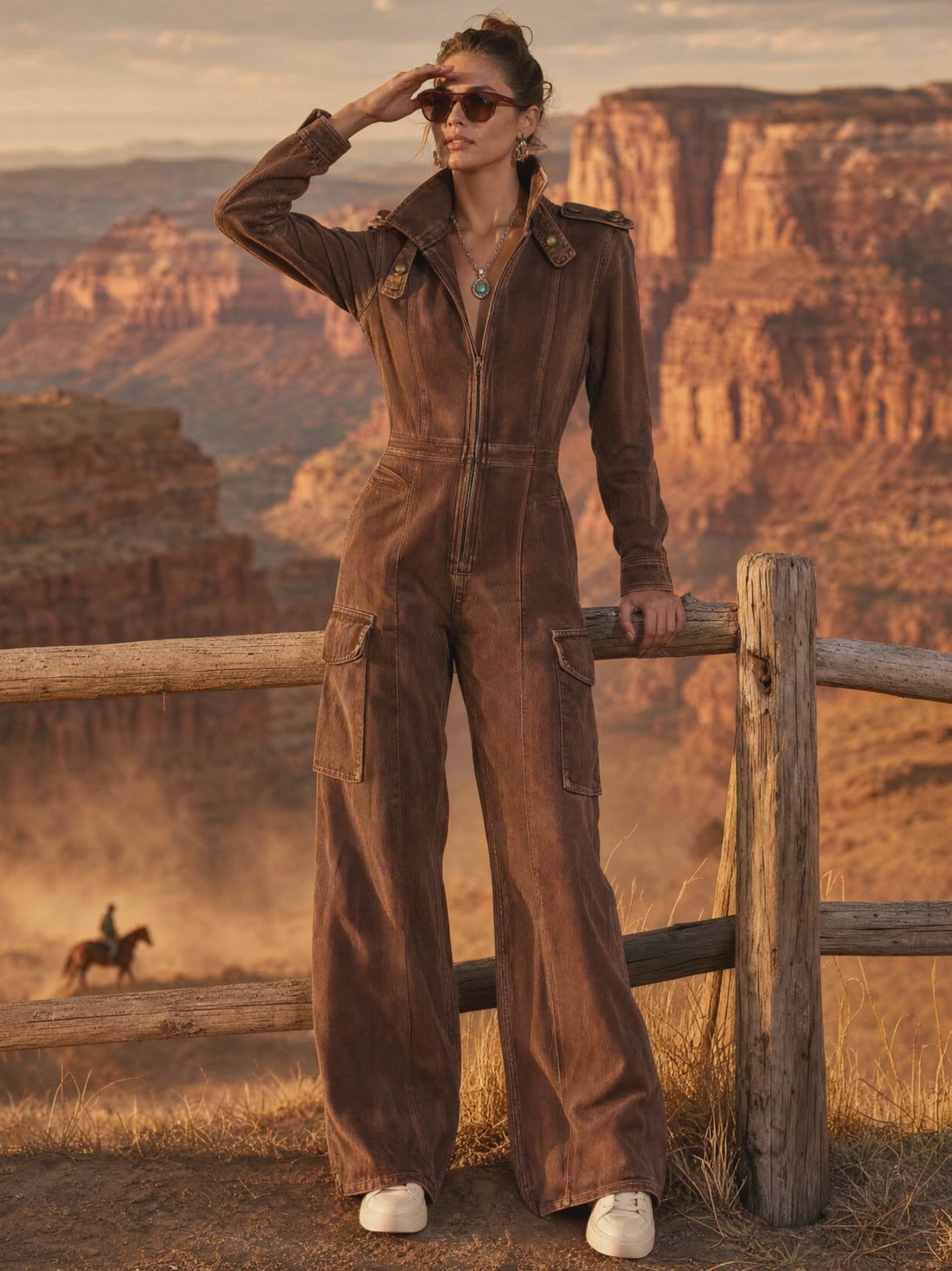 Military-style Retro Workwear Chocolate Denim Long-sleeved Jumpsuit