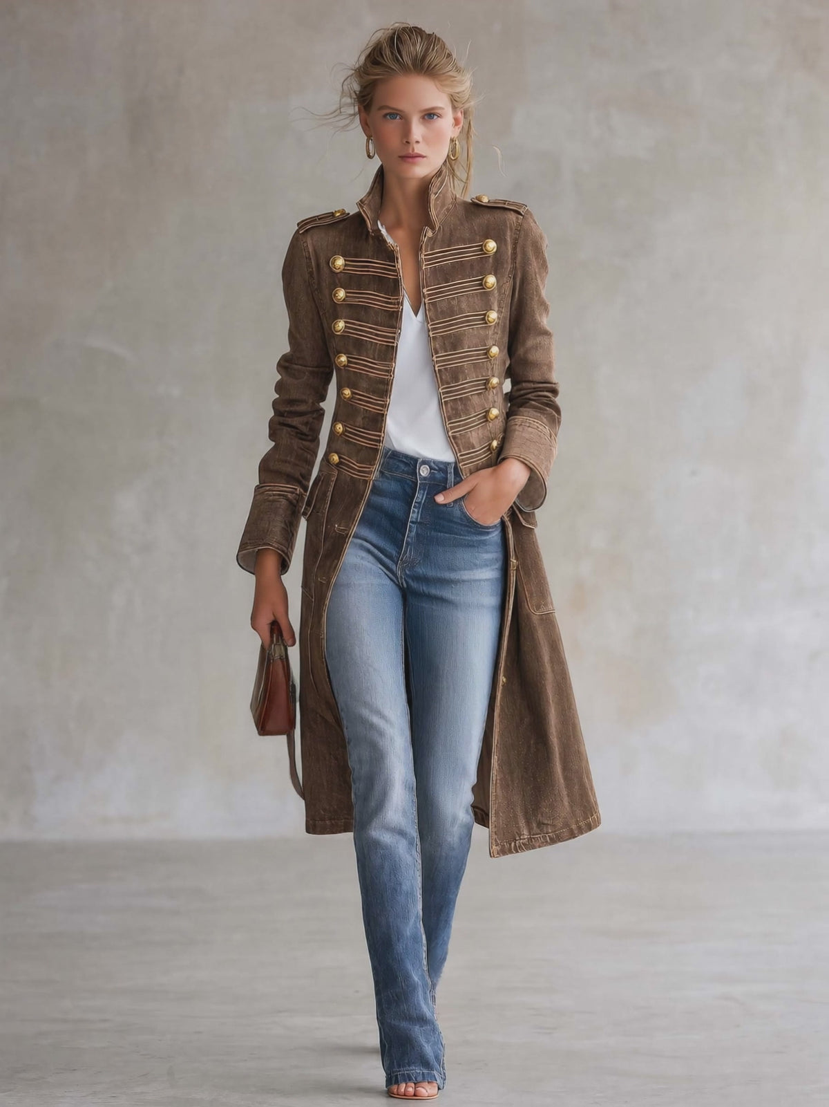 Vintage Washed Denim Military Officer Longline Gold-Button Fitted Statement Coat Women