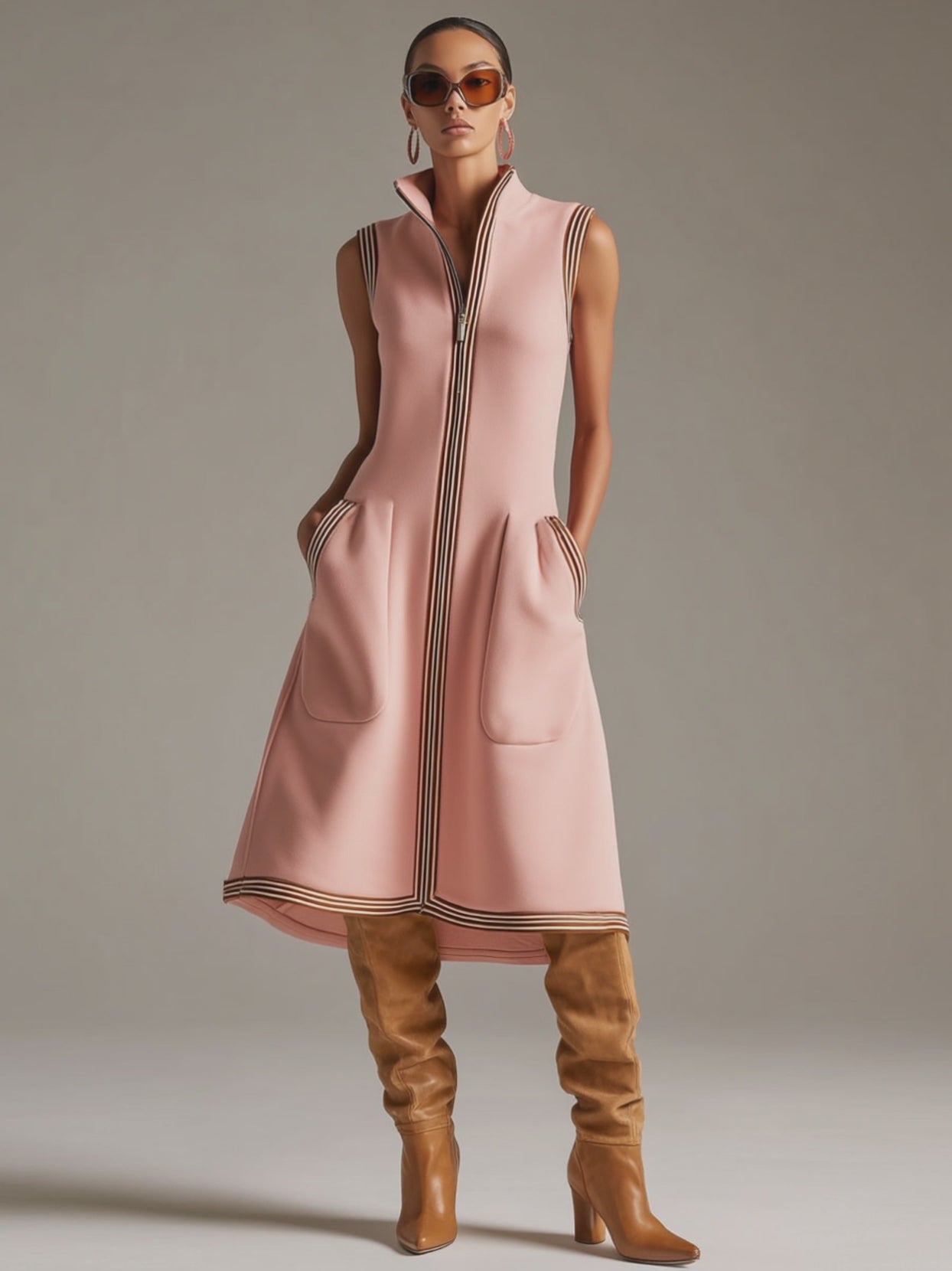 Sporty Retro Striped Ribbed Pink Cotton Blend Sleeveless Midi Dress