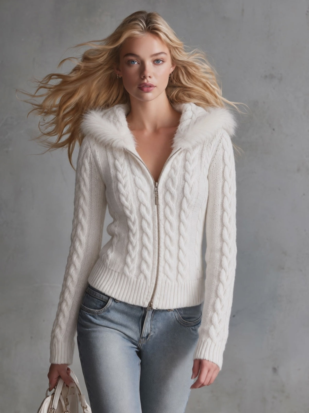 Retro Elegant White Faux Fur-Trimmed Hooded Cable Knit Zip-Up Cardigan