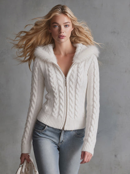 Retro Elegant White Faux Fur-Trimmed Hooded Cable Knit Zip-Up Cardigan