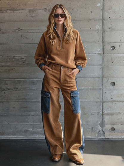 Casual Retro Blue Denim Patchwork Camel Corduroy Half-zip Top And Cargo Pants Set