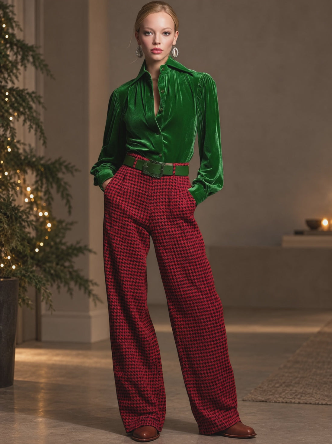 Casual Retro Green Velvet Long-sleeved Shirt