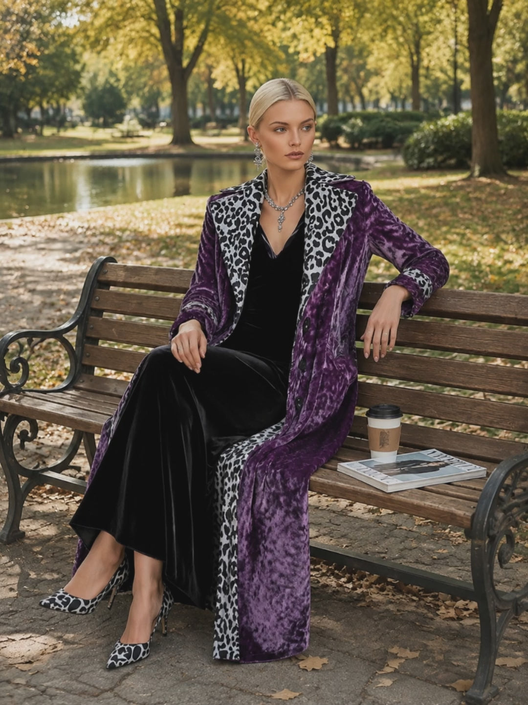 Vintage-style Leopard Print Lining Deep Plum-purple Velvet Coat