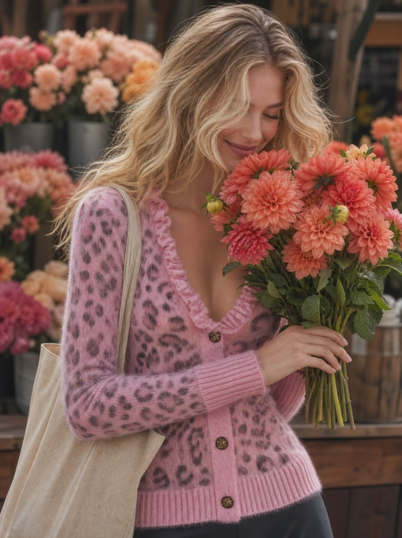 Retro-casual Leopard Print Knit Cardigan With Ruffle Details