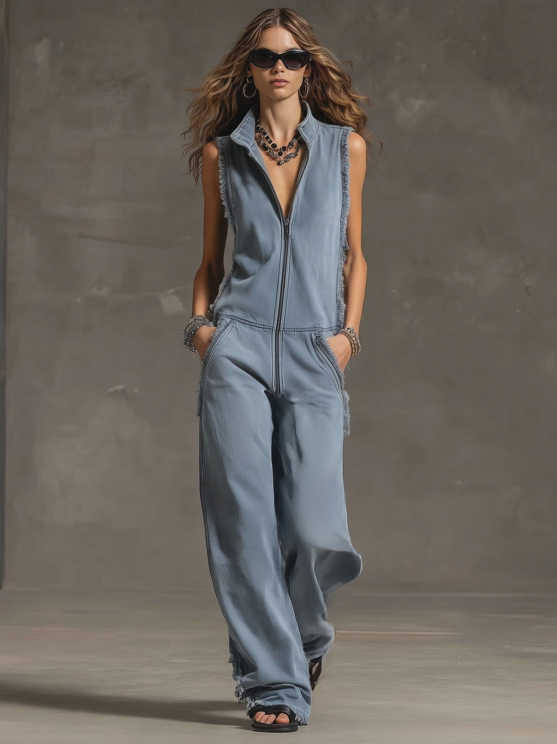 Fashionable Retro Blue-grey Denim Zipper Sleeveless Frayed Edge Jumpsuit