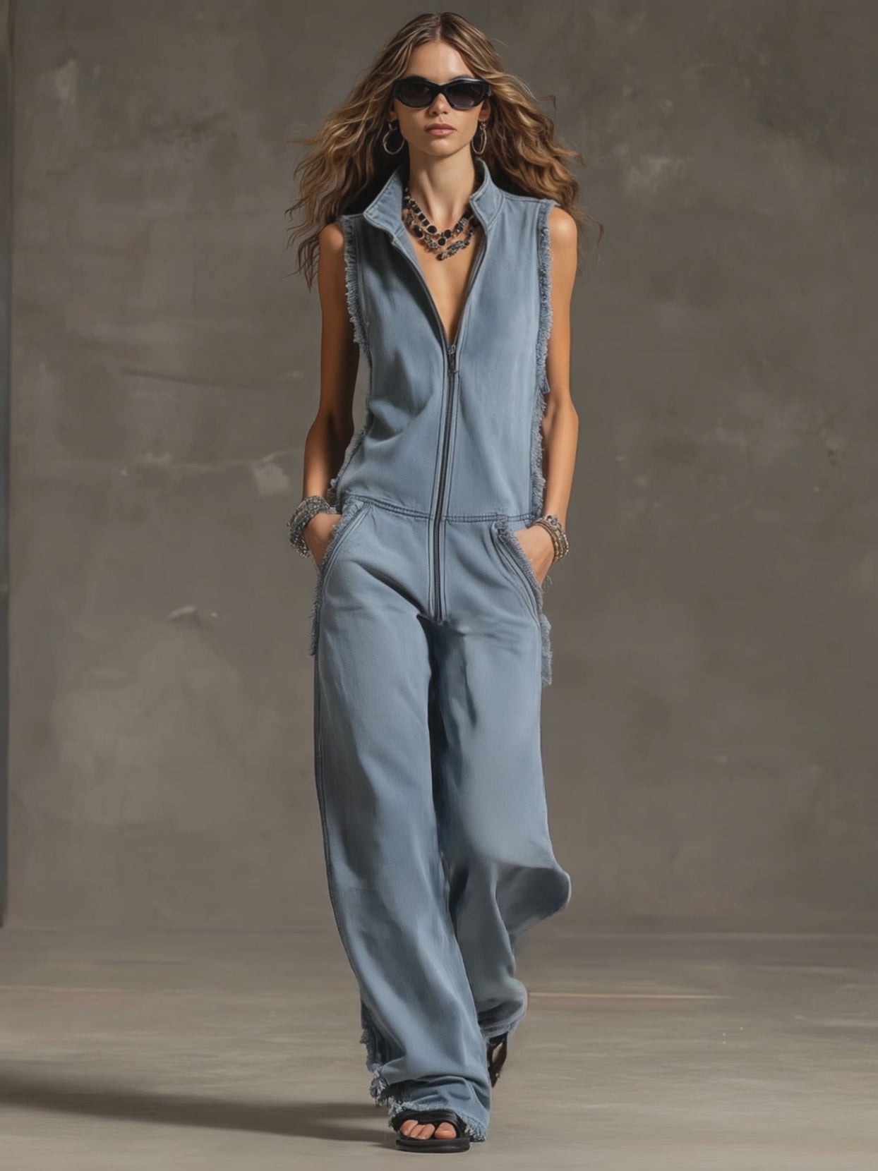 Fashionable Retro Blue-grey Denim Zipper Sleeveless Frayed Edge Jumpsuit