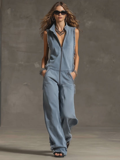 Fashionable Retro Blue-grey Denim Zipper Sleeveless Frayed Edge Jumpsuit