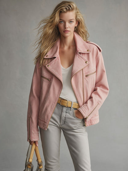 Retro Pink Collared Zip-up Denim Jacket