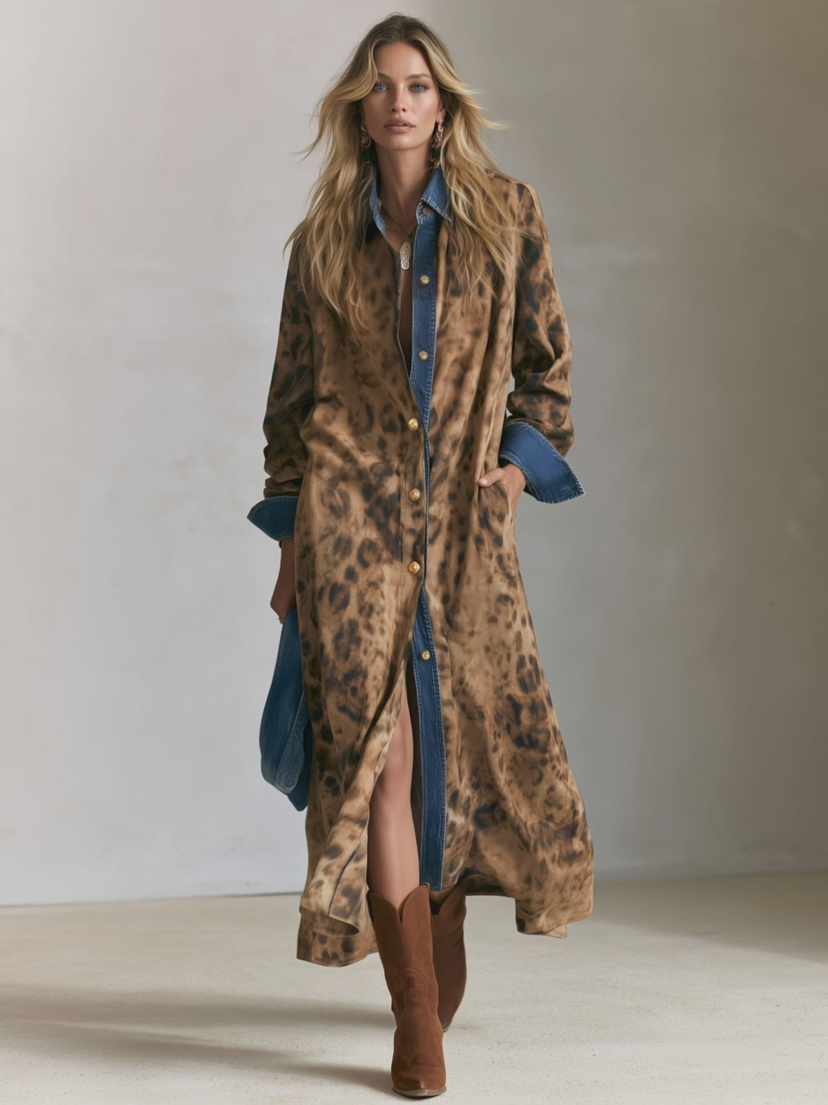 Casual Retro Faux Suede Leopard Print Denim Patchwork Maxi Dress