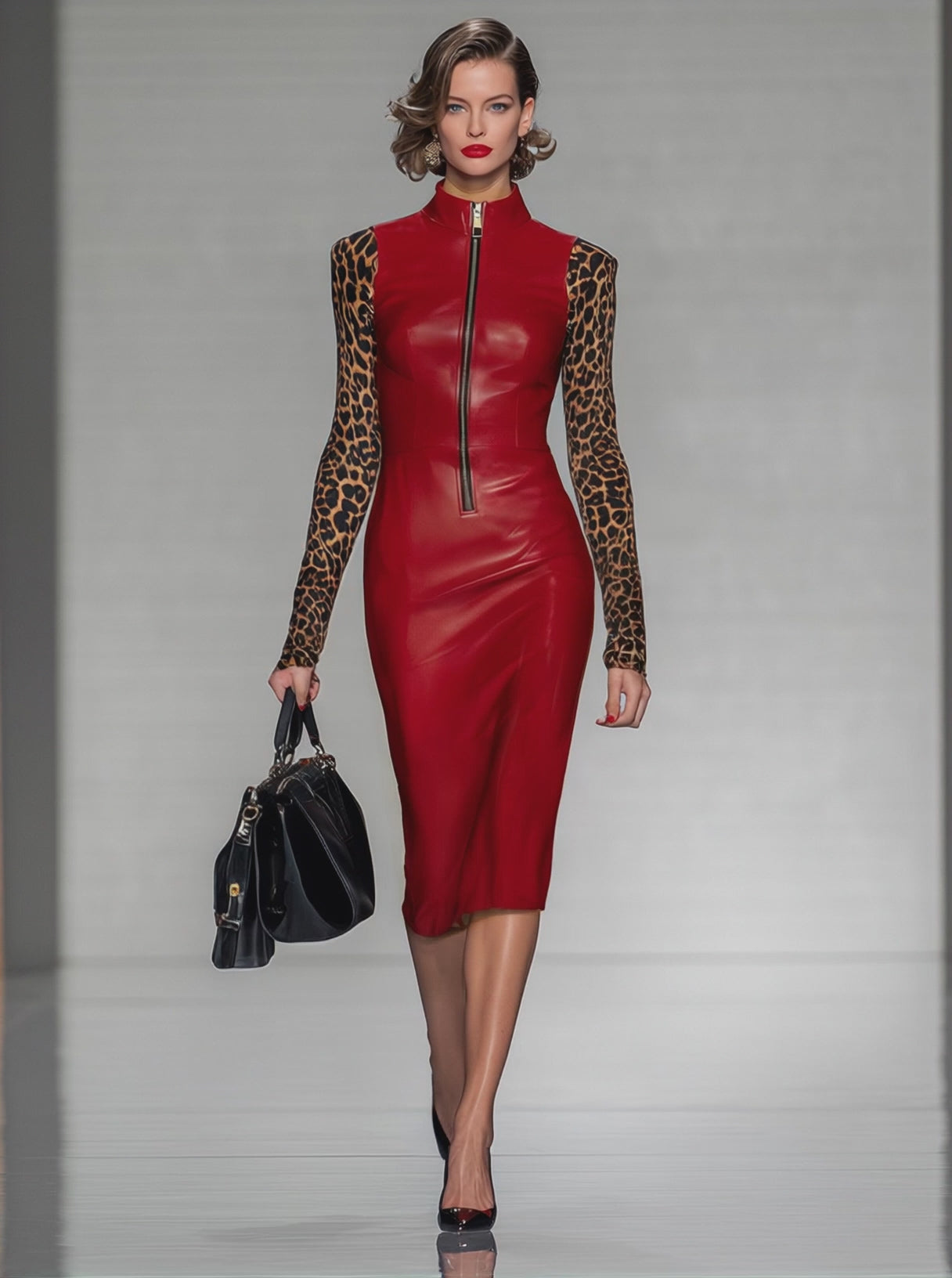 Red Pu Stitching Leopard Print Zipper Midi Dress