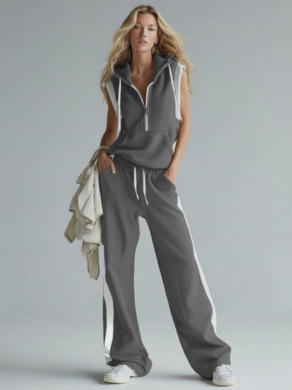 Casual Sporty Hooded Sleeveless Zip-up Top And Pants Set