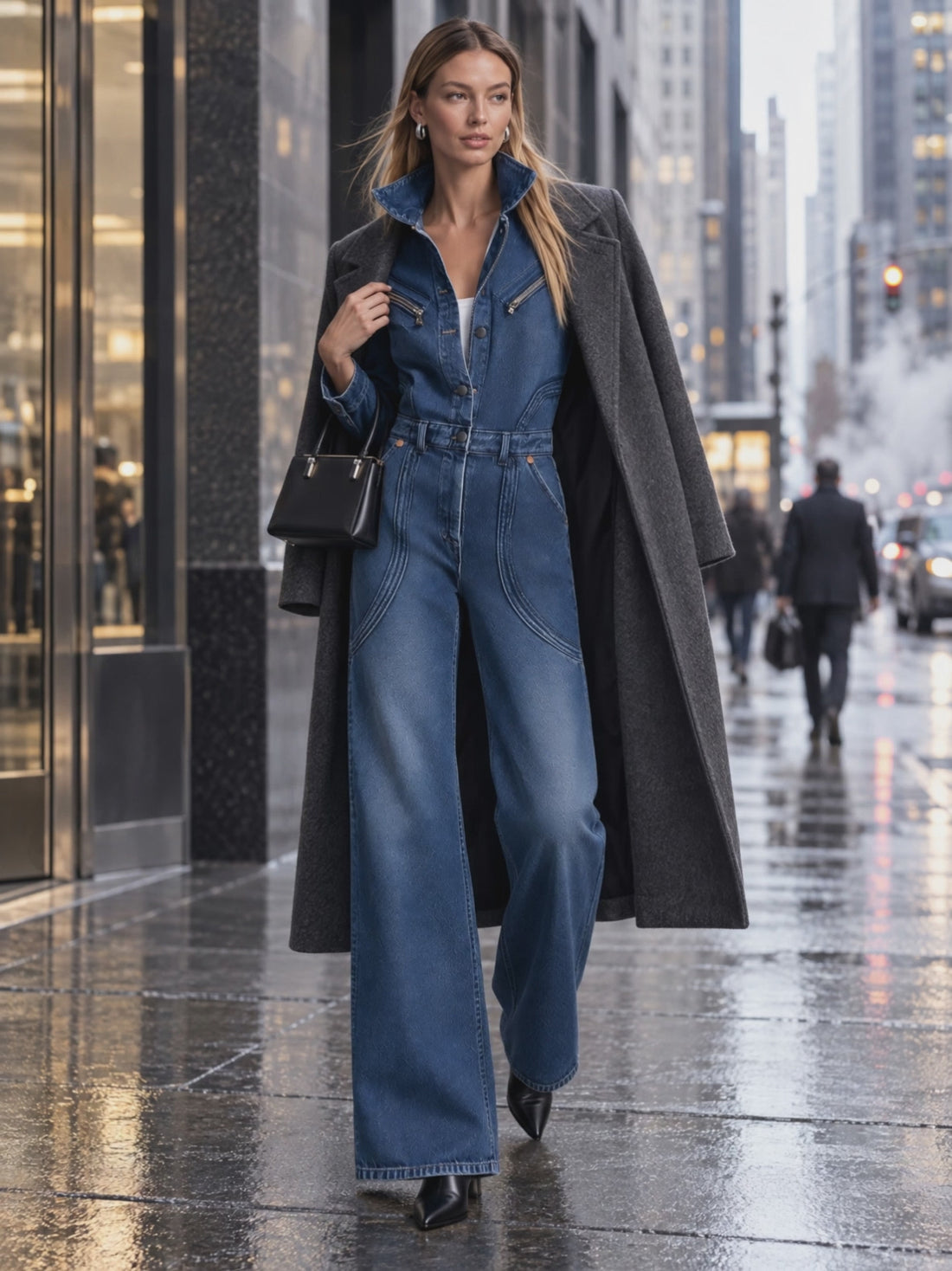 Retro Western Zip Pocket Collared Long Sleeve Wide Leg Denim Jumpsuit