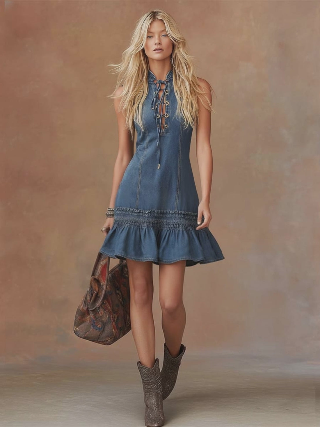 Retro Quiet Luxury Style Tie-Neck Ruffled Hem Blue Denim Mini Dress