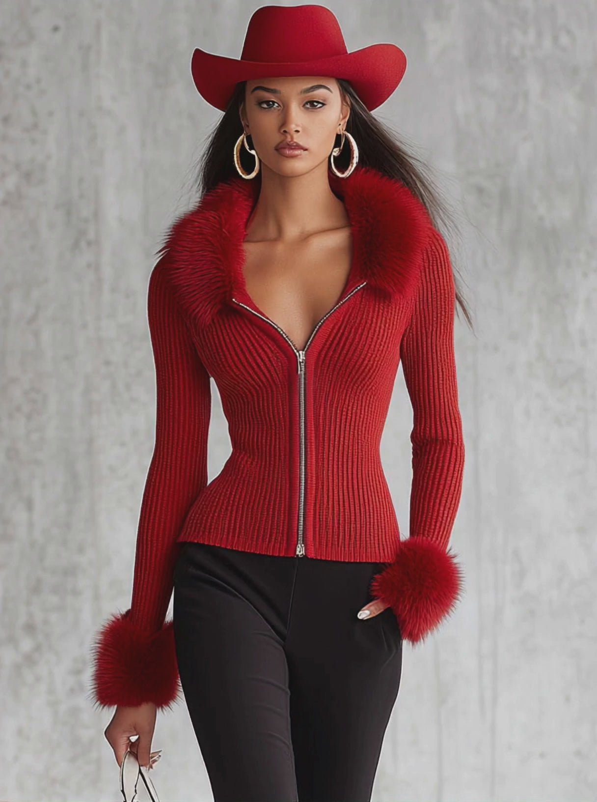 Lapel Zipper Faux Fur Collar Knitted Cardigan