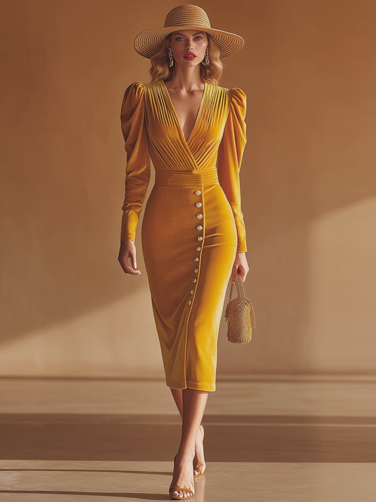 Elegant Retro Yellow V-neck Velvet Midi Dress
