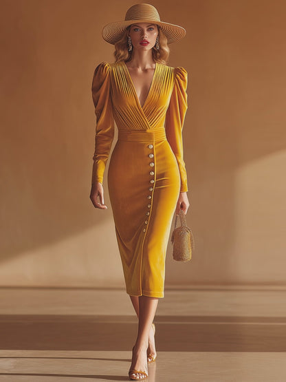 Elegant Retro Yellow V-neck Velvet Midi Dress
