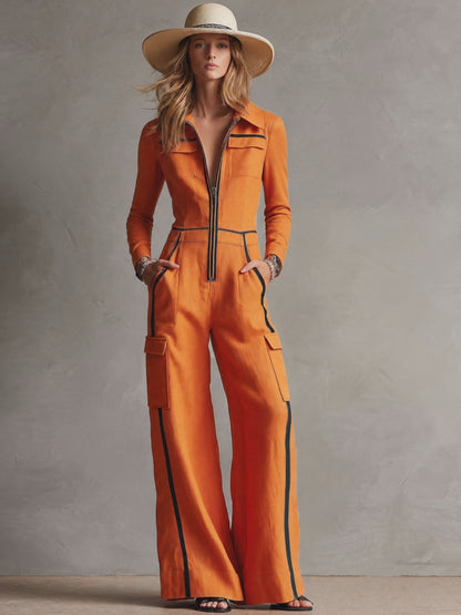Casual Retro Color-blocked Orange Cotton And Linen Long-sleeved Jumpsuit
