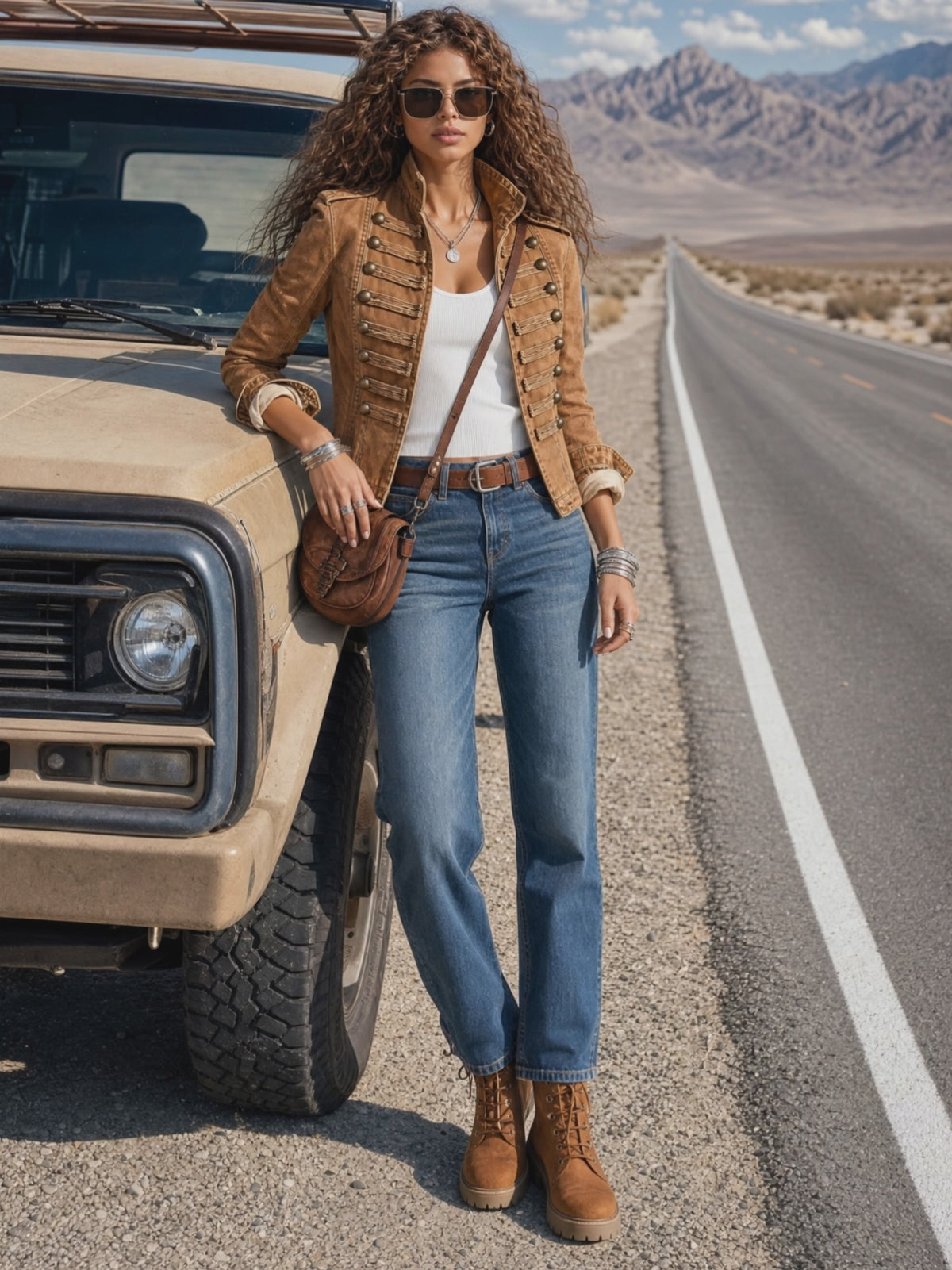 Military-style Camel Denim Stand-up Collar Double-breasted Short Jacket